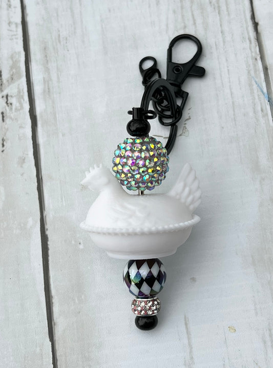 White Hen Beaded Keychain