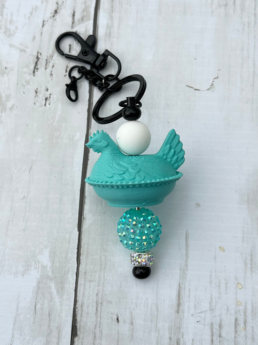 Teal Hen Beaded Keychain