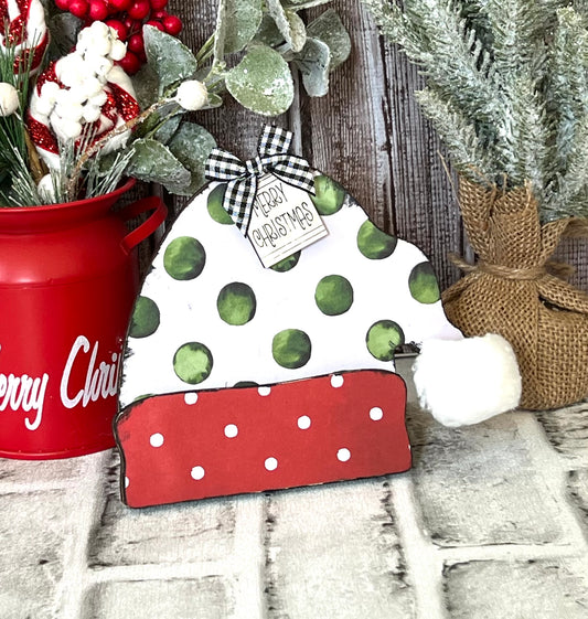 Santa Hat Shelf Sitter Large green Polka Dot