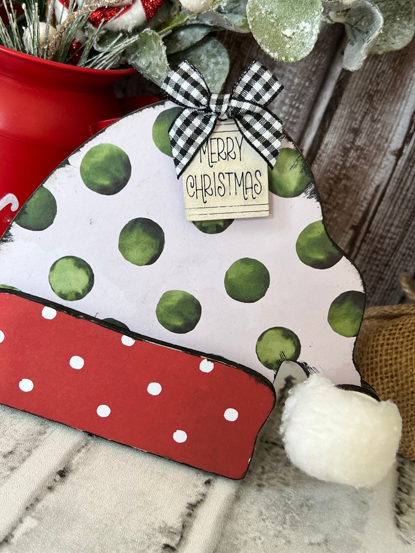 Santa Hat Shelf Sitter Large green Polka Dot