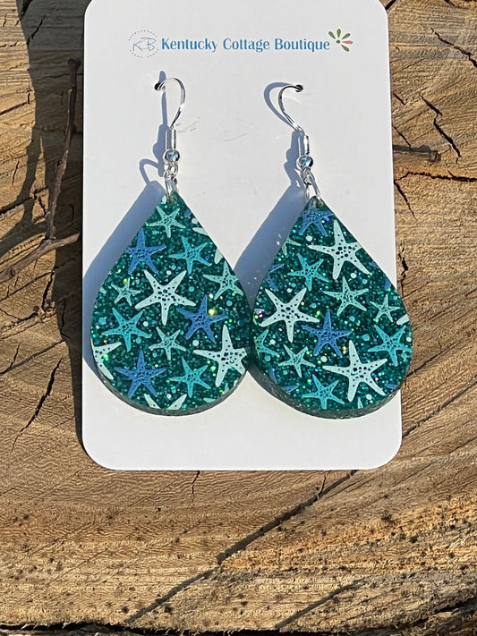 Teal Glitter Starfish Acrylic Earrings Teardrop