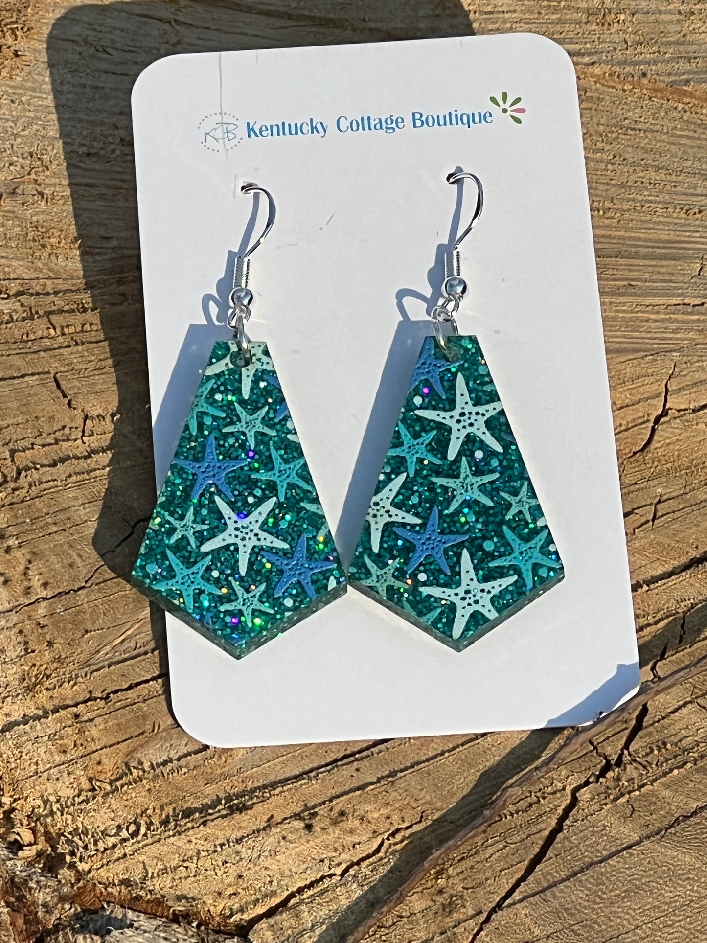 Teal Glitter Starfish Acrylic Earrings Diamond Point