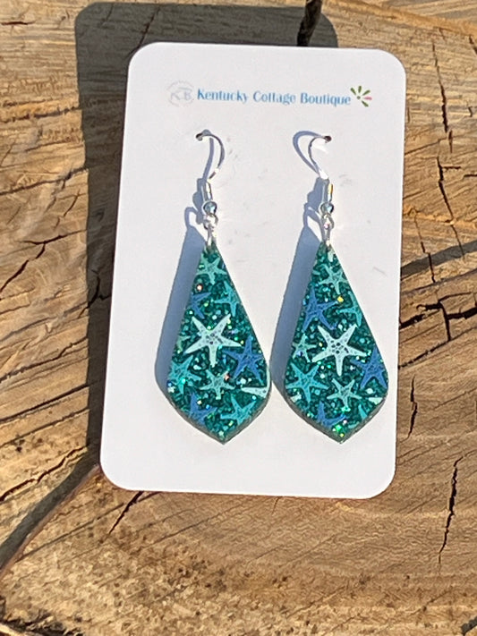 Teal Glitter Starfish Acrylic Earrings Round Diamond Point