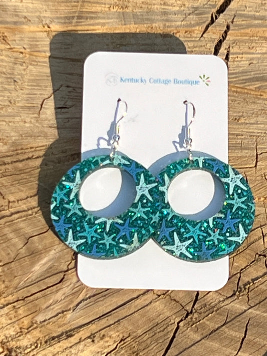 Teal Glitter Starfish Acrylic Earrings Round