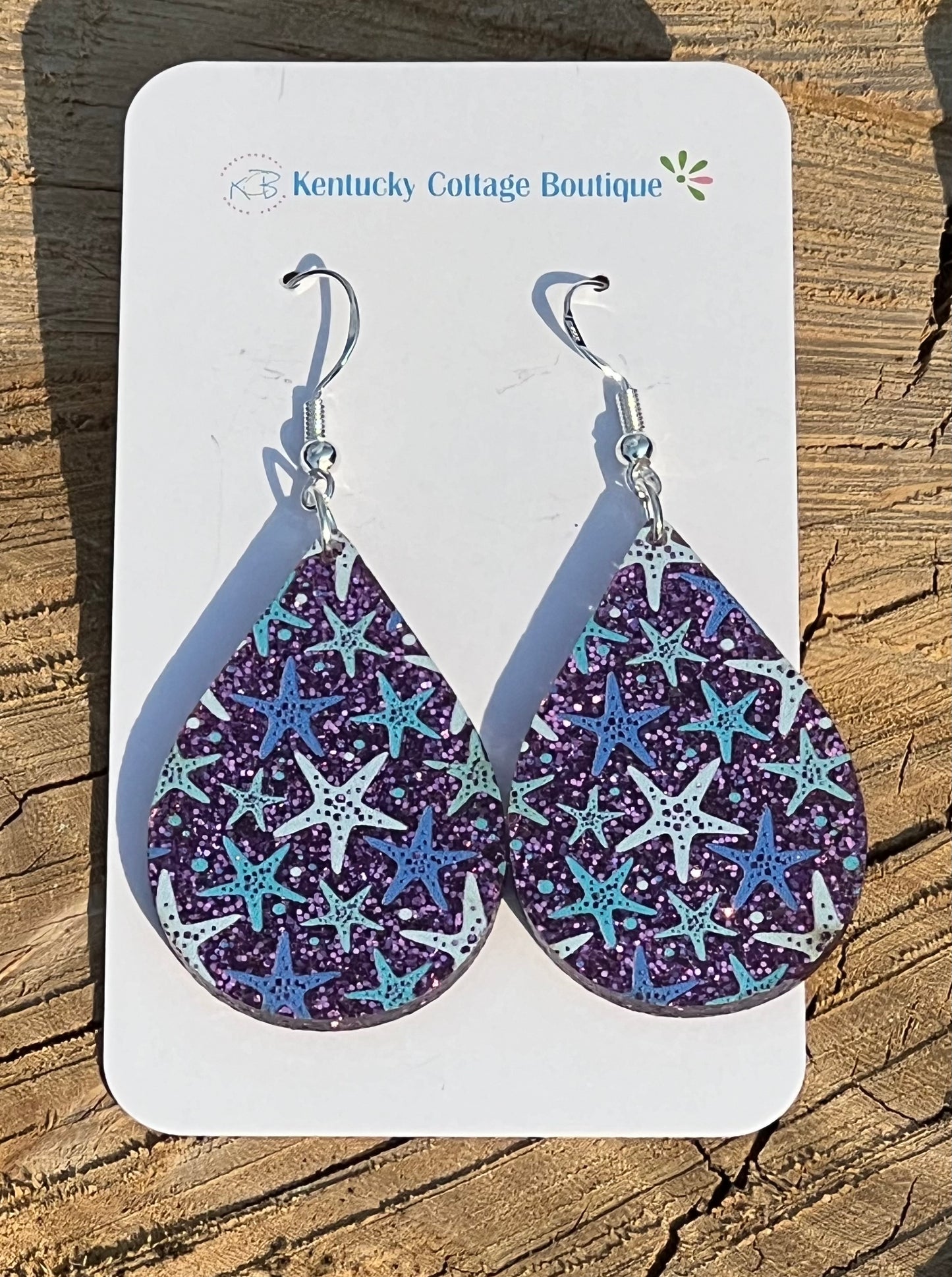 Purple Glitter Starfish Acrylic Earrings Teardrop