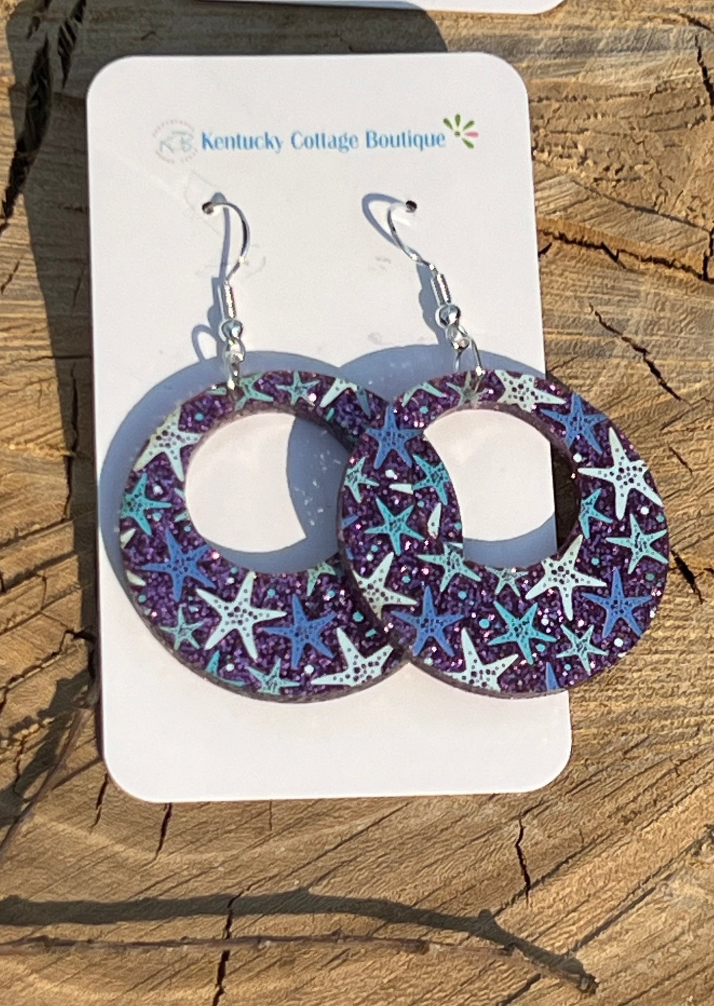 Purple Glitter Starfish Acrylic Earrings Round