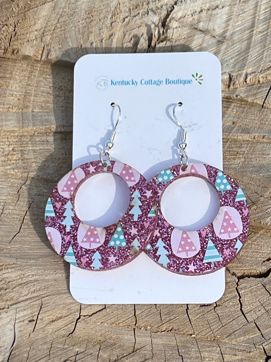 Glitter Christmas  Tree Acrylic Earrings Round